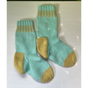 Vintage Heavy Wool Socks Striped Teal Blue Yellow Sz 7-9 Handmade Knit 80s